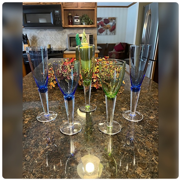 Unbranded Other - Set of Five-Mix & Match-Green & Blue Champagne Glasses-Hand Blown